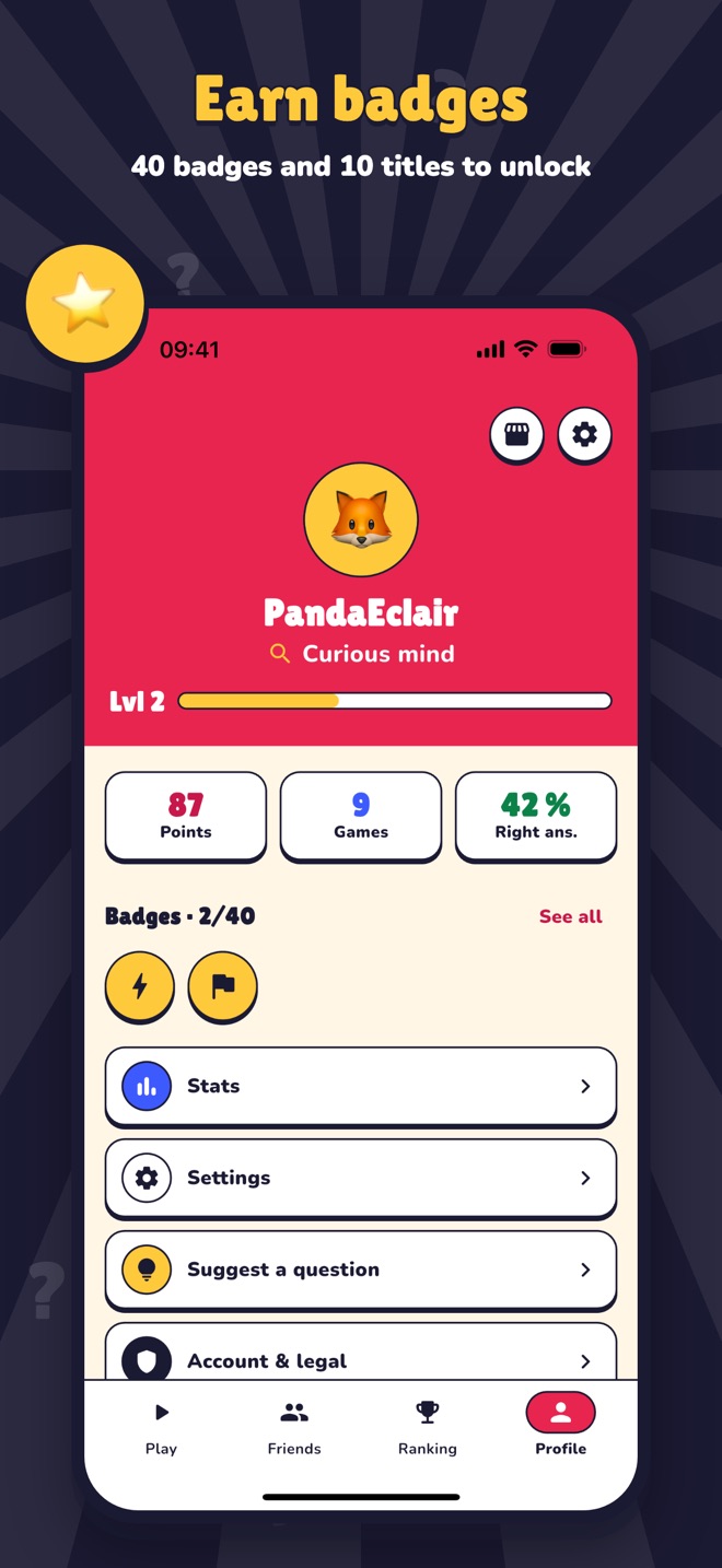A player profile with level, stats and badges