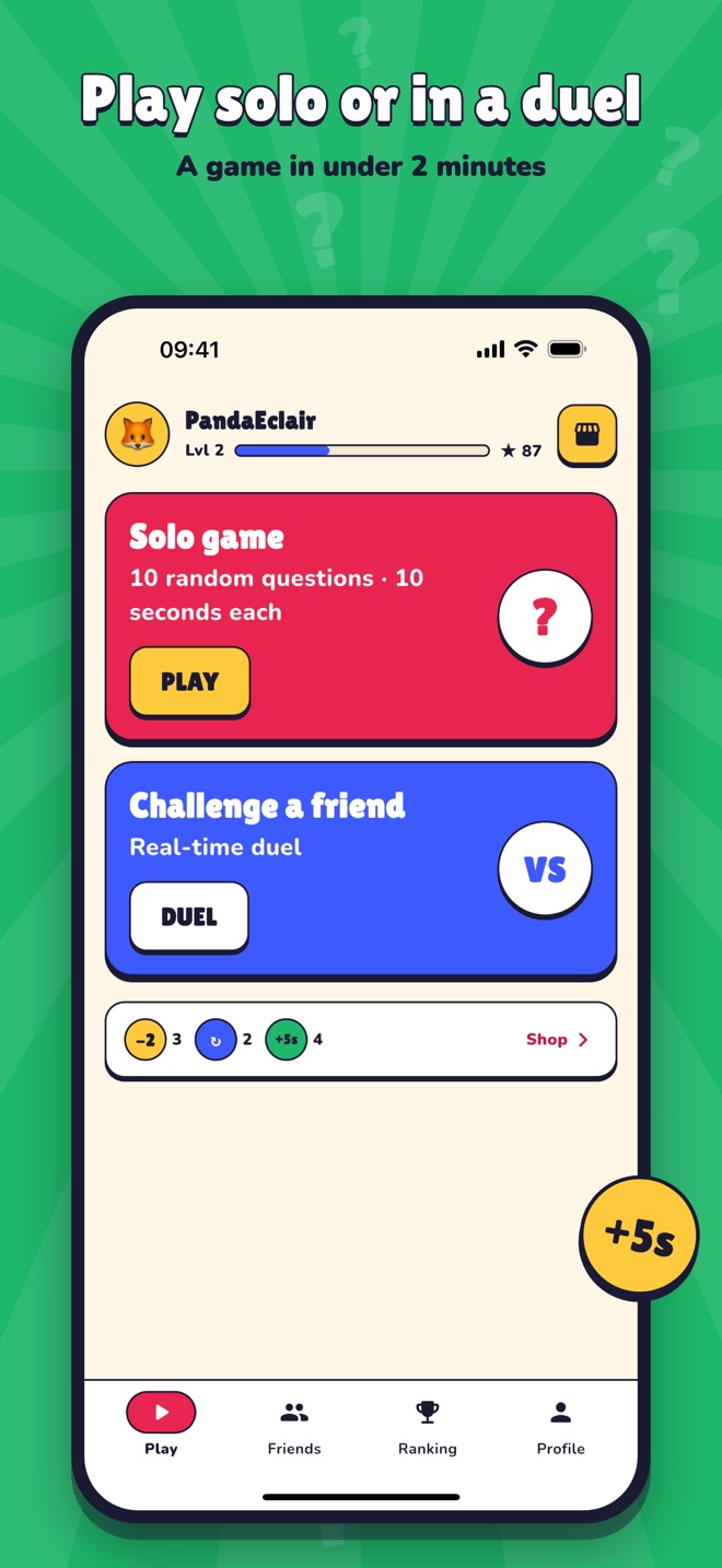 The app home screen: start a solo game or challenge a friend to a duel