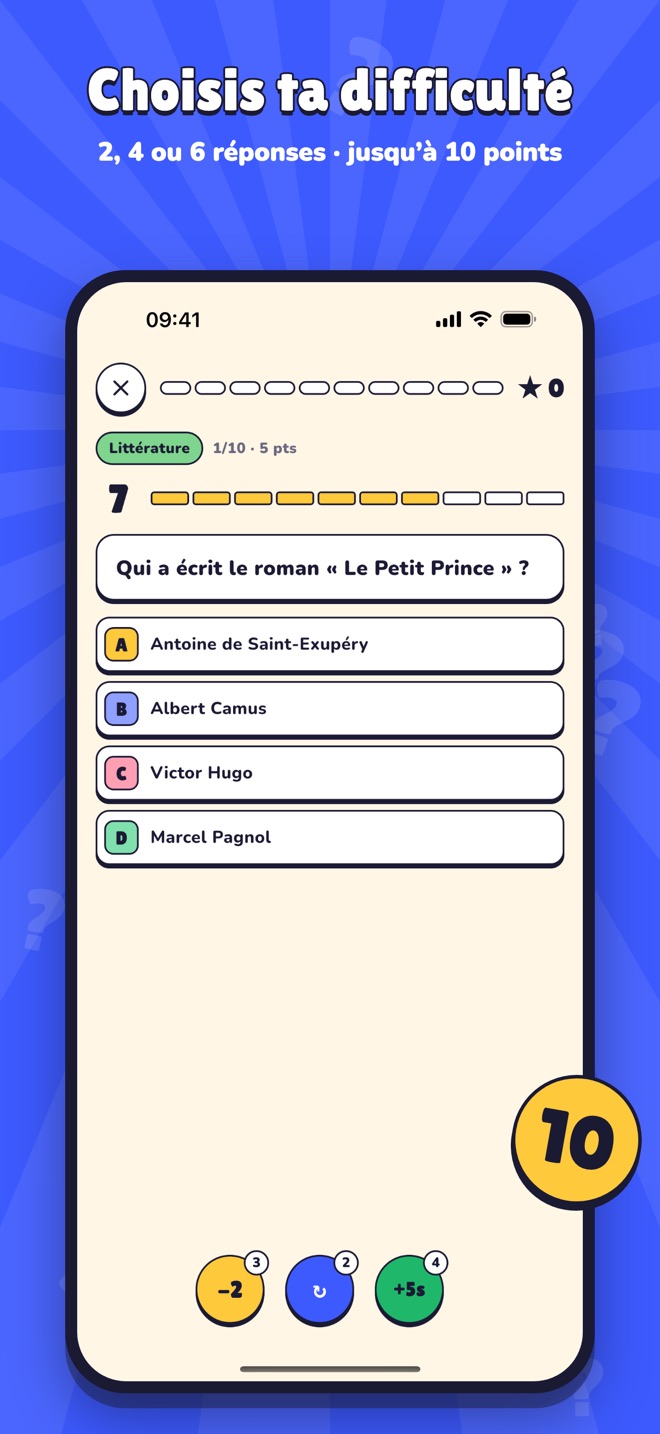 Une question de littérature avec 4 réponses et le chrono de 10 secondes