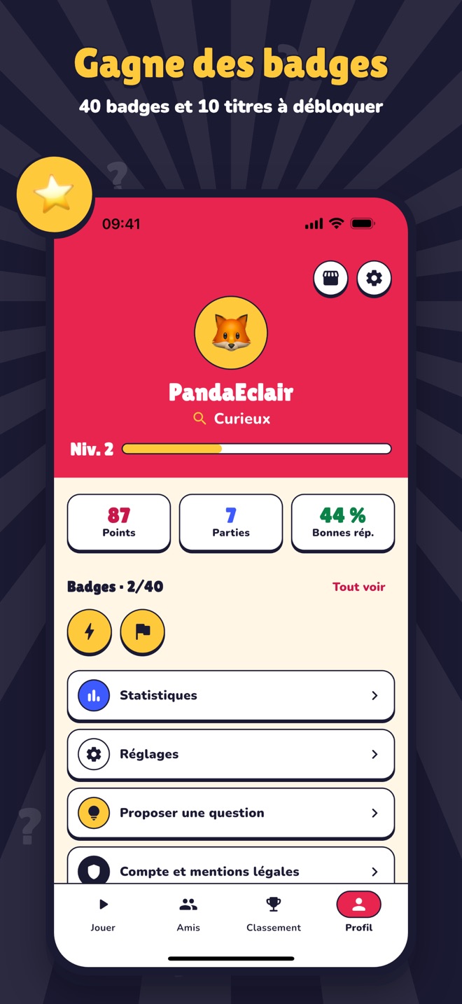 Le profil d’un joueur avec son niveau, ses statistiques et ses badges