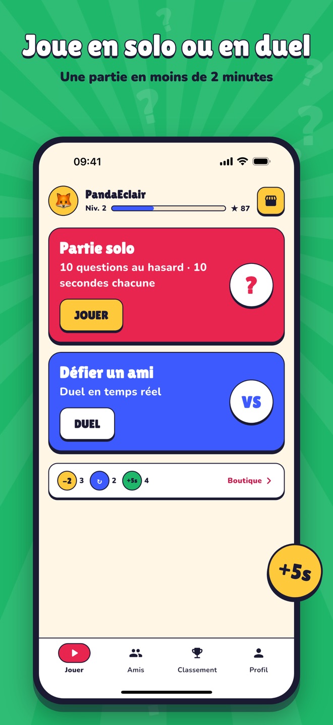 Écran d’accueil de l’application : lancer une partie solo ou défier un ami en duel